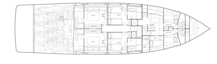 Power centre: Four Volvo power packs are located close together in the engine compartment. The symmetrically arranged guest suites are positioned in the centre of the hull.