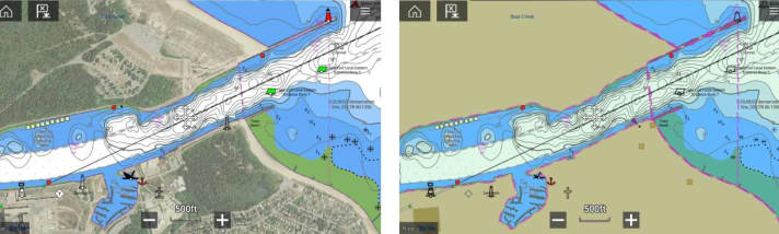   The Lighthouse charts from Raymarine can be switched between the recreational craft chart view (left) and the official chart view (right)