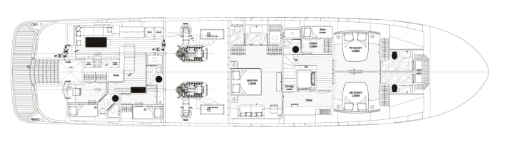 Unterdeck: Auch die Mastersuite bekam hier ihren Platz, dazu zwei Suiten für Gäste, eine flexibel nutzbare Kabine sowie die Crewunterkünfte.