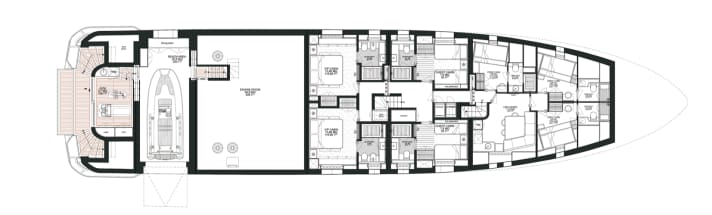Lower deck: In addition to the Williams Dieseljet 505, a 14 metre long chaseboat from Maori accompanies the "Enterprise"