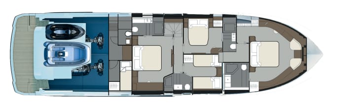 Lower deck: The VIP suite extends amidships across the entire width of the hull. The crew area is just behind it | Image: BEX