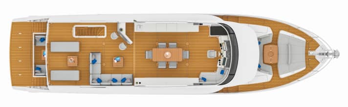 Breit: Die Flybridge flankieren Stauräume und Außenküche mit Grill. Bei geöffneter Klappe im Heck (o.) zeigen sich steuerbords die Landanschlüsse | Abbildung: BEX