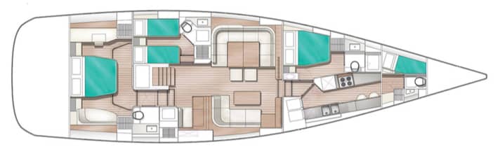 Unusual layout: The owner opted for a guest suite that is directly accessible from the saloon. The galley is located on the starboard side of the mast