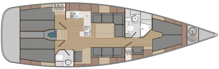   Comfortina 43 - just one of many possible interior design options. The design below deck is determined by the customer