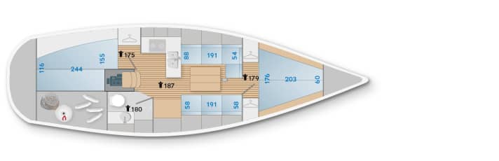   Faurby 370. Fast alles ist machbar. Der dänische Sonderfall    Die abgebildete Innenzeichnung ist nur eine von zahlreichen möglichen Layouts und entspricht dem Testboot. Die Werft in Dänemark baut das Interieur für jedes Schiff individuell nach den Wünschen der Kundschaft – soweit realisierbar (blau = Kojenmaße, schwarz = Stehhöhen)