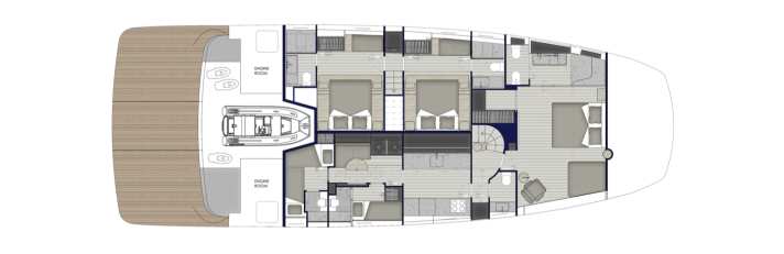 Lift: The four-metre-long tender rolls onto the platform, the centre of which tilts downwards for launching. Crew area: In the Lissoni version, the three-person crew shares the staircase with the owner's cabin.
