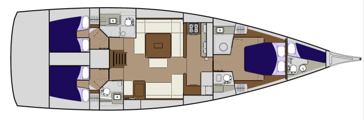   Dufour 560 GL a tre cabine in configurazione standard. Come per il 500, la cucina è costruita a prua della paratia principale.
