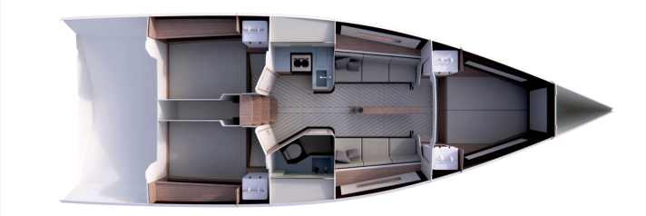 Das Layout mit drei Kojen und offener Pantry
