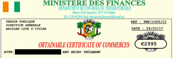   L'en-tête de la prétendue lettre des autorités financières de Côte d'Ivoire