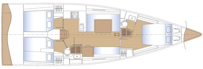  Solaris 44. La salle d'eau à l'avant est en option. L'aménagement standard est livré avec trois cabines et une salle de bain