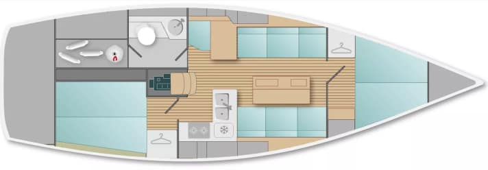 Zwei Doppelkabinen und ein relativ großes Bad. Mehr Varianz lässt die schlanke Konstruktion von Alan Johnstone nicht zu. Das Standard-Layout der J/36 bleibt eher konventionell.