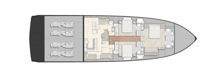 Klar getrennt: Das Unterdeck ist mit einer VIP- und zwei Gästekabinen im Bug und einem achterlichen Crewbereich konventionell aufgeteilt. Die maximal fünfköpfige Crew verteilt sich auf drei Kabinen und nutzt zwei Bäder.
