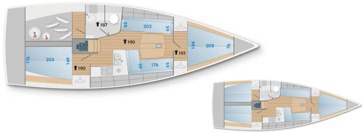   Dehler 38 SQ. Zweite Achterkabine oder begehbarer Stauraum Die Dehler bietet diese Ausbauvarianz achtern ohne wesentliche Umbauten. Der Weg in die Achterkabine backbords führt durch einen Teil der Nasszelle (blau = Kojenmaße, schwarz = Stehhöhen)