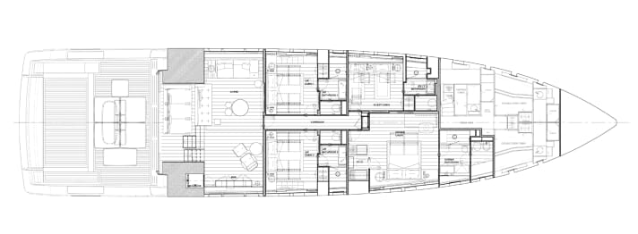Lower deck: The lounge is adjoined by two VIP cabins, a double cabin and the owner's cabin. The crew of five sleeps at the very front