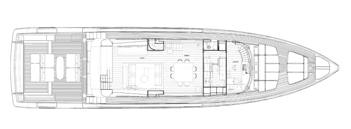 Main deck: The cockpit occupies 50 teak square metres above the tender garage. The Boffi galley is located between the bridge and the saloon