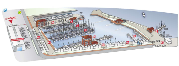 Der Geländeplan des Hamburg ancora Yachtfestivals 2023. Welche Angebote an den Stegen im Wasser und in den verschiedenen Ausstellungsbereichen an Land zu finden sind, erschließt sich aus unten stehender Legende „Wo ist was auf dem Hamburg ancora Yachtfestival?“ | Zeichnung: Marc André Bergmann