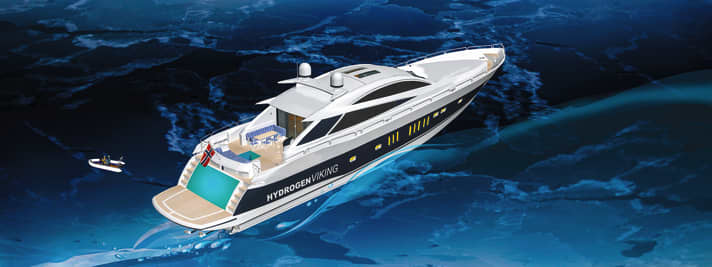 Ehrgeiziges Refit: Die Sunseeker 95 Predator gehörte Muammar al-Gaddafi und wird von Green Yacht in eine emissionsfreie Yacht umgewandelt. Eine gläserne Lazarette macht das Direkt-Wasserstoff-System sichtbar.