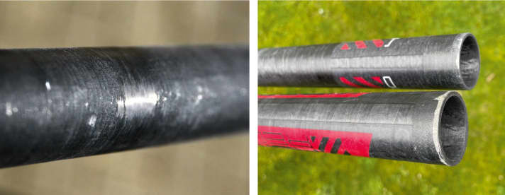 Normal signs of use on poles, such as scuff marks (left) and slight chipping at the edges (right).
