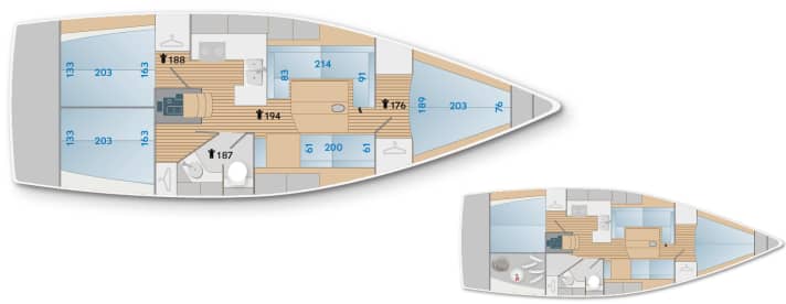   Arcona 385, highly convertible for flexible use The three-cabin cabin is standard. As a variant, the aft cabin on the starboard side becomes a forecastle, plus a separate shower area (blue = berth dimensions, black = headroom)