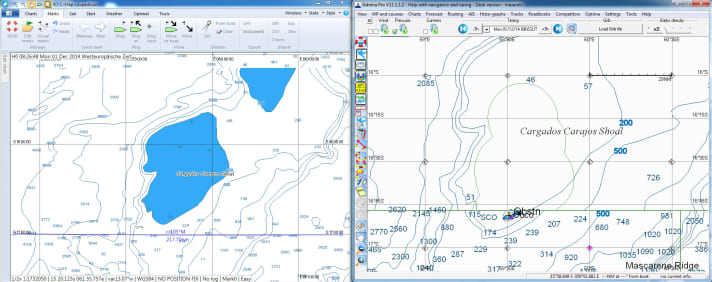  Comparaison d'Expedition (à gauche) et d'Adrena (à droite) pour la même zone : avec Adrena, les îles sont bien visibles, comme un phare, et l'indication "fruit" (obstruction=obstacle), même sur un écran très zoomé. Dans Expedition, on ne voit qu'un plat bleu, il semble y avoir au moins 20 mètres de profondeur. Il s'agit d'une seule et même carte (C-Map) qui s'affiche différemment selon les programmes, en fonction des paramètres de l'utilisateur.