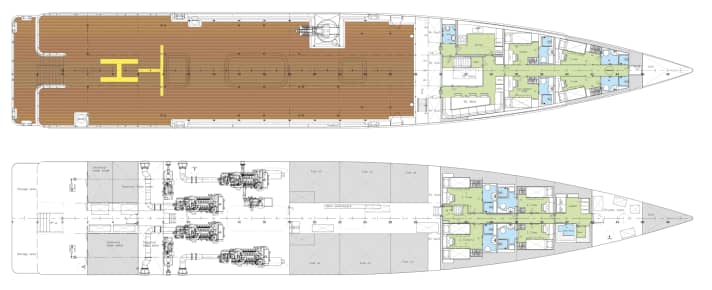 Variable: The layout of the main deck can be customised according to the owner's wishes. The crew and technical equipment are accommodated on the lower deck.