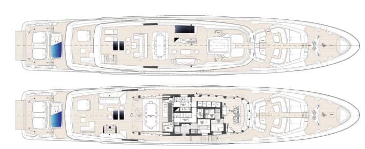 Bow lounge: A flexible walkway leads from the sundeck to the foredeck (top right). This area offers privacy, especially in busy harbours.