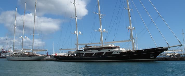 "Eos" (r.) and "Athena" are currently being overhauled by Royal Huisman. | t.