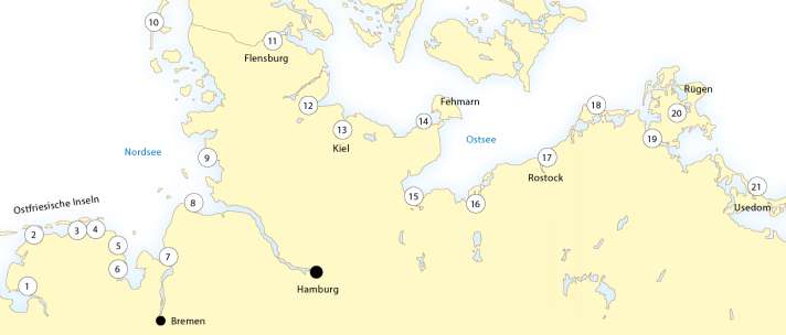 I funerali vengono organizzati da numerosi porti sul Mare del Nord e sul Mar Baltico. I luoghi di sepoltura sono spesso a poche miglia dal porto; da Büsum è possibile effettuare sepolture in alto mare al largo di Helgoland.