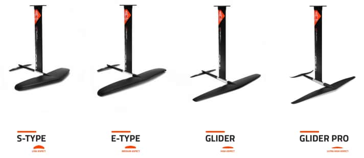 Verschiedene Foil-Typen bei Starboard, von Low Aspect (links) bis Super High Aspect (rechts)