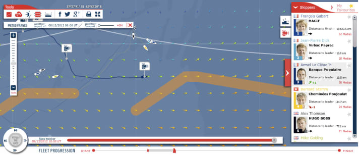   La situation actuelle de la course : alors que le trio Gabart, Stamm et Dick n'a que peu de vitesse après avoir passé l'Eistor dans le nord, Armel Le Cléac'h peut déjà remettre les gaz.