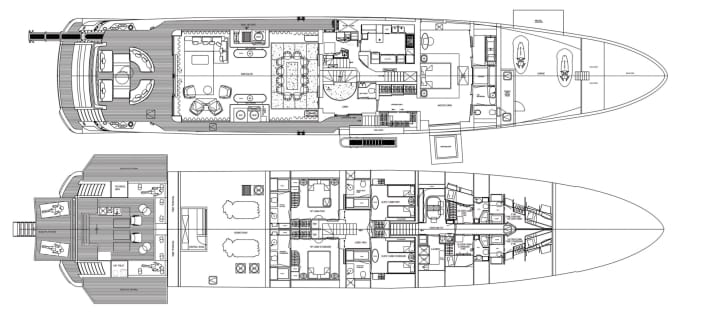 Mastersuite 1: Die Eigner betreten ihr Reich über eine Ankleide. Von hier geht es über die Lobby in den Salon. Die Crew nutzt  eigene Wege (o.). Schlafdeck: Jeweils zwei identische Suiten liegen sich gegenüber. Der Kontrollraum (oben) für die Motoren grenzt fast unmittelbar an den Beachclub (unten)