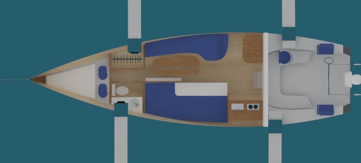   Die asymmetrische Aufteilung des Salons ermöglicht eine zusätzliche Doppelkoje