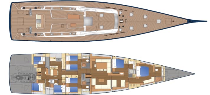 Große Garage: Im Heck parken Tender und Toys. Davor schläft die Crew. Gleich hinter dem Salon wohnen vier Gäste, davor VIPs und Eigner | Zeichnung: Werft