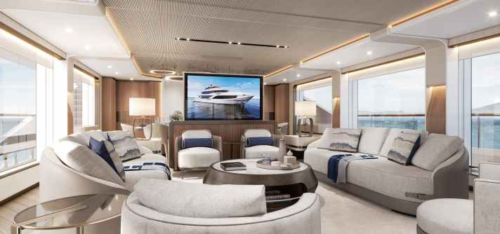 Majesty 145: Außen weiche Kurven, innen eine Farbsinfonie aus Sand- und Cremetönen.