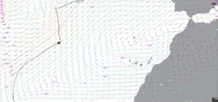   Le routage pour les bateaux de tête pour le 23 janvier (13 heures, heure française) : Ils feront leurs premiers empannages autour de l'anticyclone des Açores, qui se trouve actuellement au large de Gibraltar. On peut aussi bien voir le vent qui vient de l'ouest. Le bon timing sera ici très important pour profiter au maximum de la bascule du vent autour de l'anticyclone des Açores et de la pression du front froid.