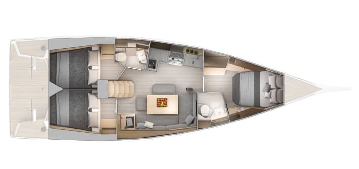   Features below deck: longitudinal galley, wide passageway, one or two heads compartments