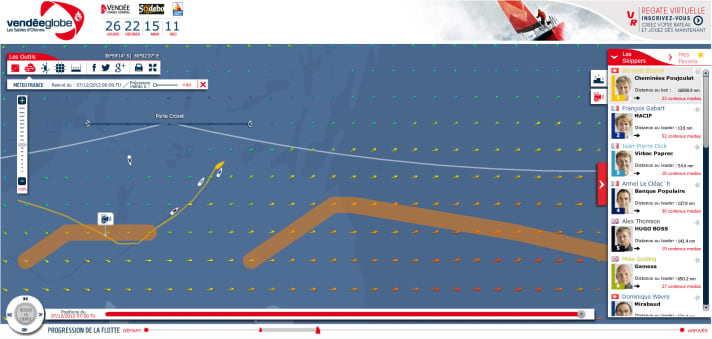   Bernard Stamm (yellow course line) should pass the ice gate within the next twelve hours and then head south again. The question will be: How far?