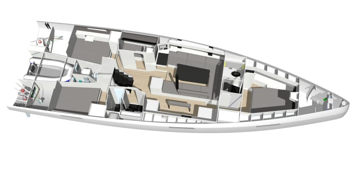   Inside: up to four cabins, sailing load and dinghy garage