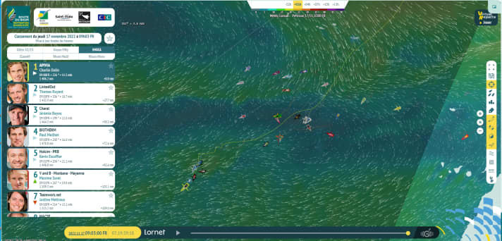 Situation de la course ce matin. On voit clairement le groupe de tête atteindre l'alizé, mais Boris Herrmann est bloqué avec quelques autres bateaux dans le calme.