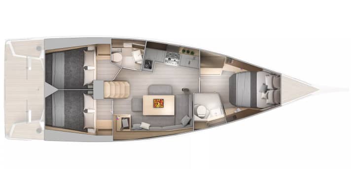 Standard-Layout unter Deck. Die zweite Nasszelle im Vorschiff ist eine Option. Im Standard wird der Raum als großer Schrank genutzt 