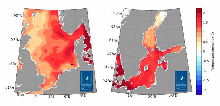Mers dans la zone rouge : écart entre la moyenne printanière des températures de surface en 2025 et la moyenne printanière pluriannuelle de 1997 à 2021 pour la mer du Nord (à gauche) et la mer Baltique (à droite)
