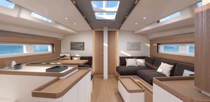   Des cloisons et des modules d'extension clairs, beaucoup de lumière, beaucoup d'espace - et des bordures arrondies : First Yacht 53