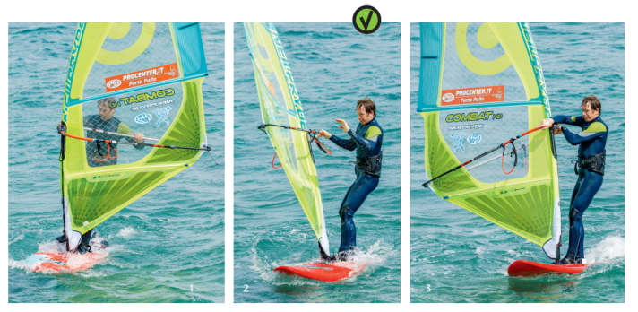 Correct: Pull the sail towards you with the mast arm bent