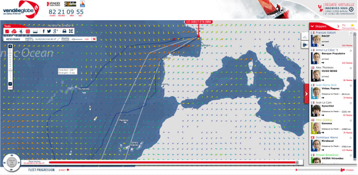   La situation ce matin : "Synerciel" et "Gamesa" dans le vent faible près des Açores, "Virbac Paprec 3" sur la côte nord du Portugal
