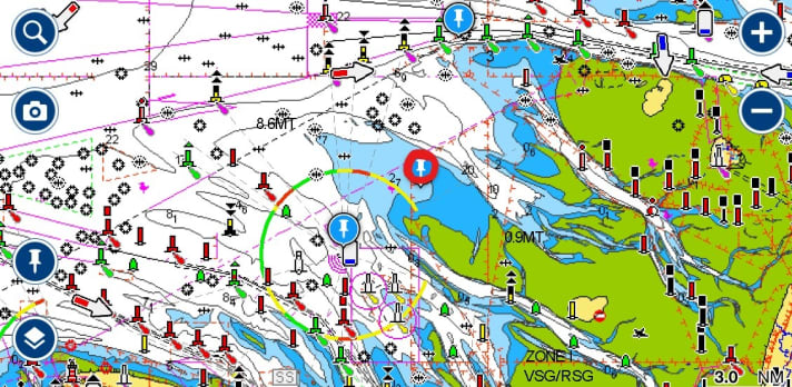   Outlined in red: the site of the accident. The water depth there drops abruptly from ten to less than two metres