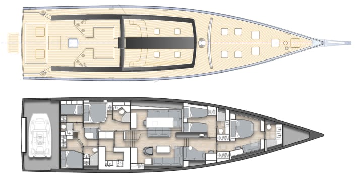With the tender parked athwartships, the crew cabins moved far aft. A guest cabin on the port side, opposite the galley.
