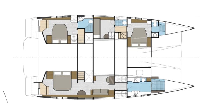  Just one of several variants: Owner's hull to starboard, guests live separately opposite