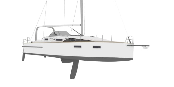   Retractable twin rudders and deep centreboard characterise the underwater hull