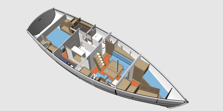   One of many possible layouts: Classic, bright interior of a centre cockpit yacht