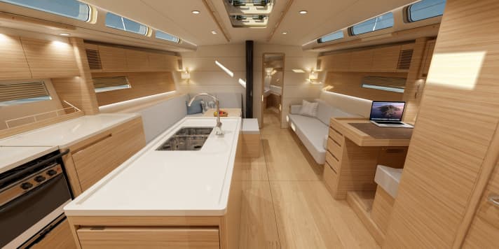   X 5,6 Luminoso e invitante. Numerose finestre e boccaporti garantiscono luce e aria sottocoperta. L'isola della cucina indipendente è una delle tante opzioni di design.